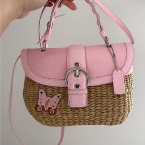 Pink & Woven Shoulder Bag with Buckle & Butterfly Detail